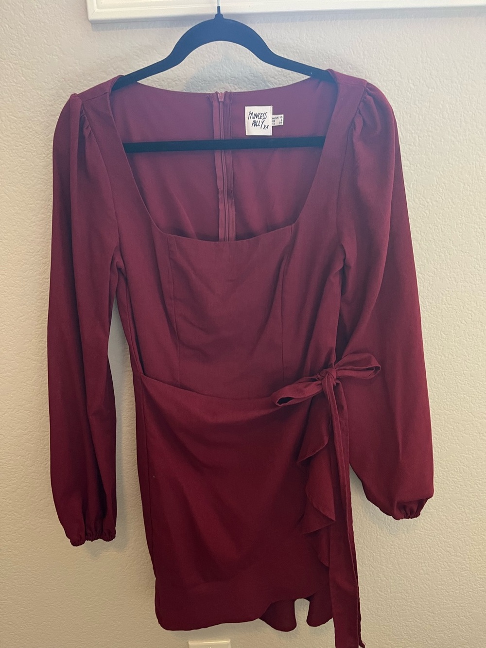 Princess Polly Burgundy Long-Sleeve Wrap Mini Dress